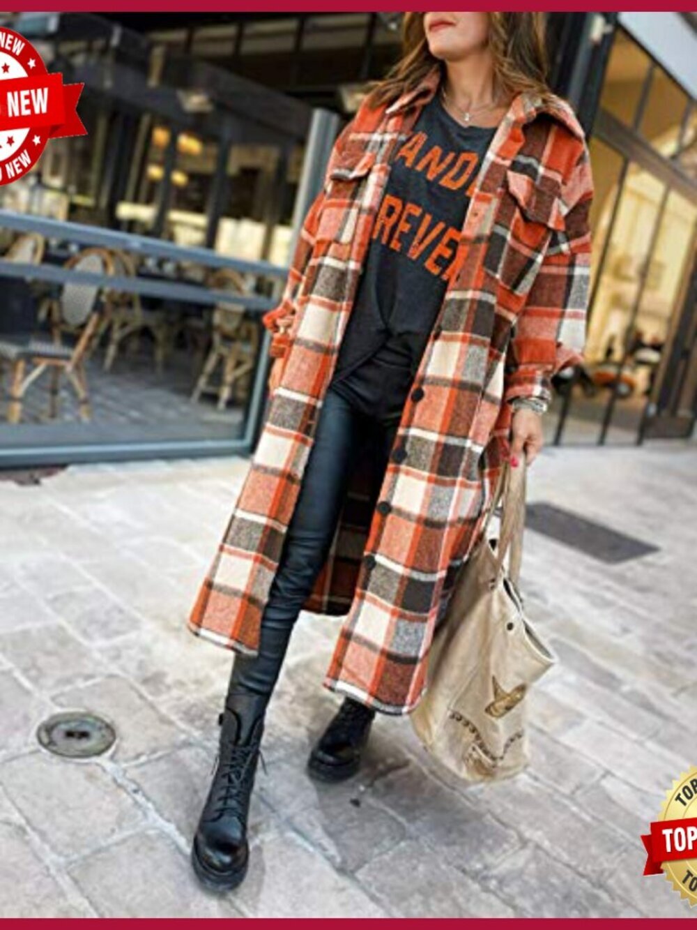 Plaid Button Down Long Jacket Fall Flannel Trench Coat Women - Picture 3 of 7